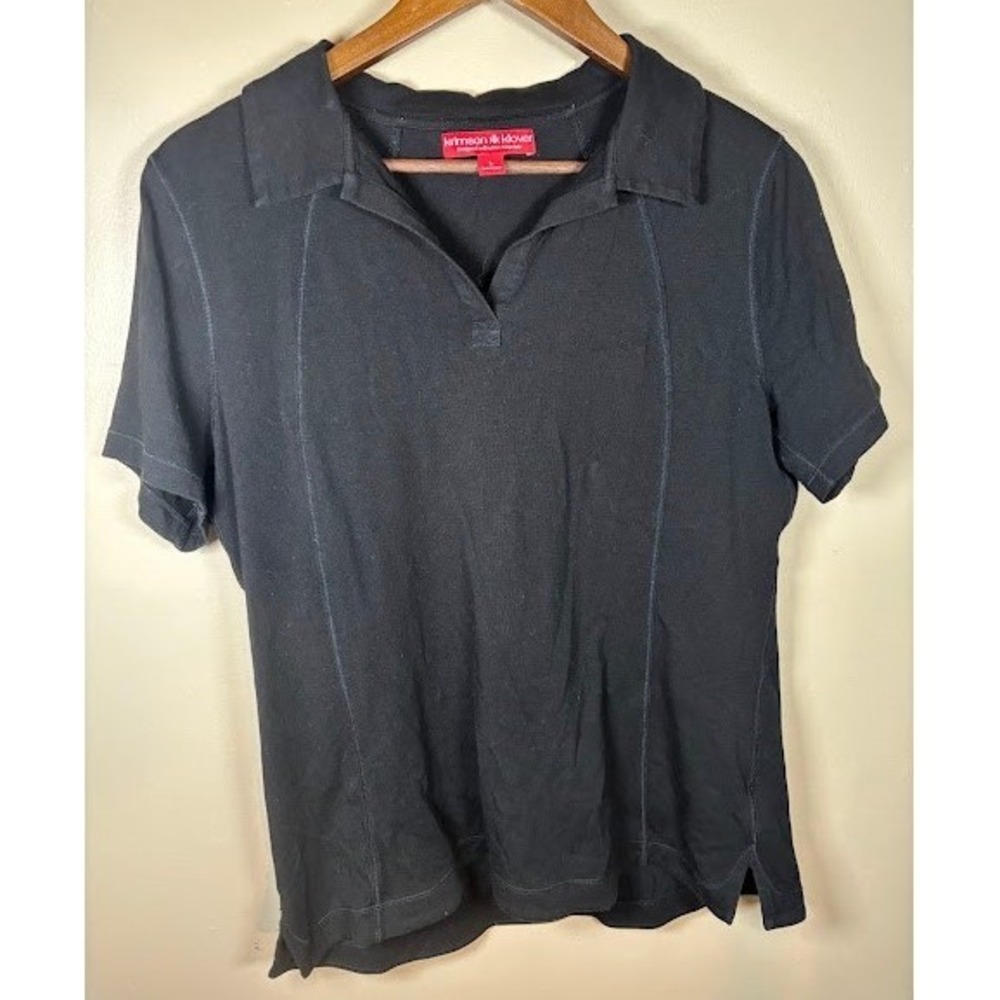 Krimson Klover Black Organic Cotton Modal V-Neck Polo Shirt Women Large